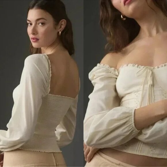 Reformation Isadora Top Blouse Eyelet Lace Trim Smocked Back Ivory Size 6 $148 - Picture 2 of 16
